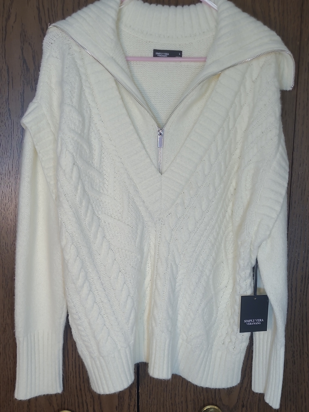 Simply Vera Vera Wang Ivory Cable-Knit Half-Zip V-Neck Sweater